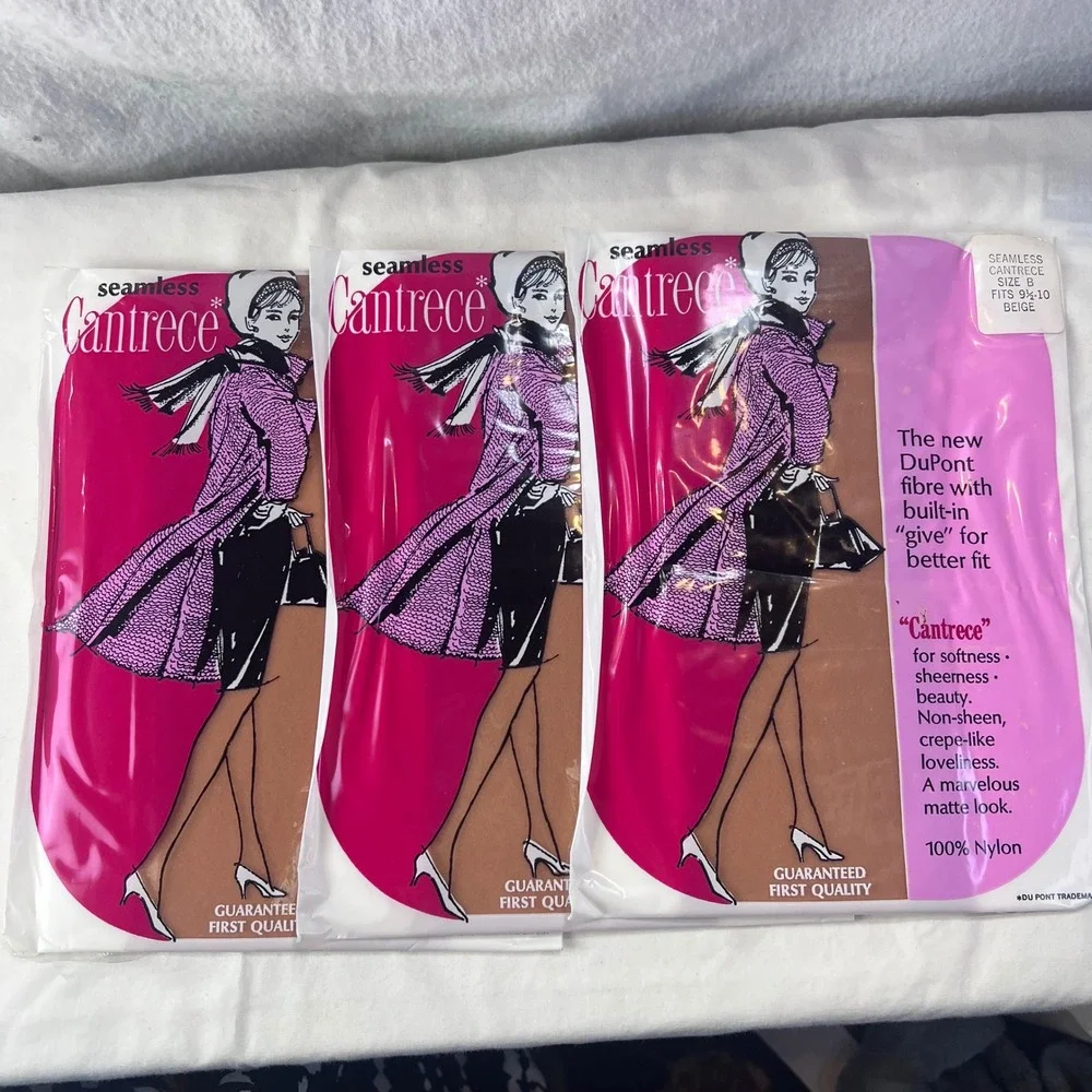Vintage Cantrece Seamless Nylon Hosiery Lot 3 Pairs Beige Size B 9.5-10 DuPont